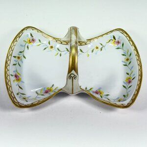 Vintage Hand Painted Floral Double Serving Dish Gold Trim Handle Candy Tray